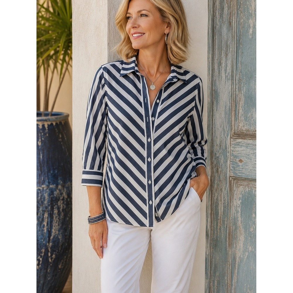 Chico's No Iron Stain Shield Striped Button Up Shirt Petite XS 00P Navy White